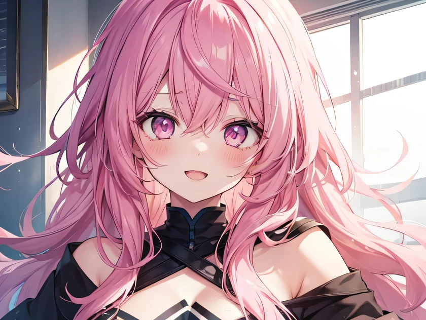 girl, cute anime girl, smile, open mouth, pink hair, long hair, messy hair, pink eyes, blushing, girl, big tits, beautiful hair style, (((Best Quality: 1.4)))
