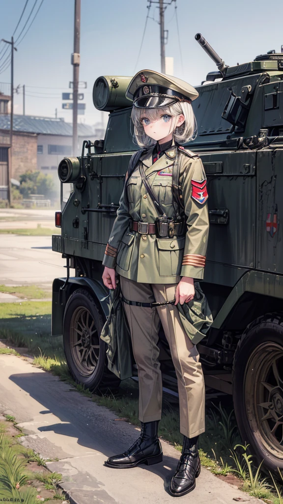 ((True best masterpiece, Ultimately perfect quality, Extremely delicate details)), ((Modern army, World War 2, Old, Antique)), A soldier girl, Is an officer, Wearing military uniform, On the frontline, Outdoor