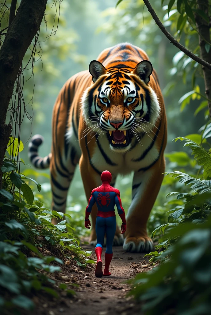He lands on the ground, cautiously looking around. Suddenly, a deep growl echoes through the jungle. He turns around, and the camera reveals the massive tiger slowly emerging from the shadows, its eyes locked on Spider-Man.Spider-Man and the tiger circle each other. The camera alternates between close-ups of Spider-Man’s eyes and the tiger’s growl, building anticipation.