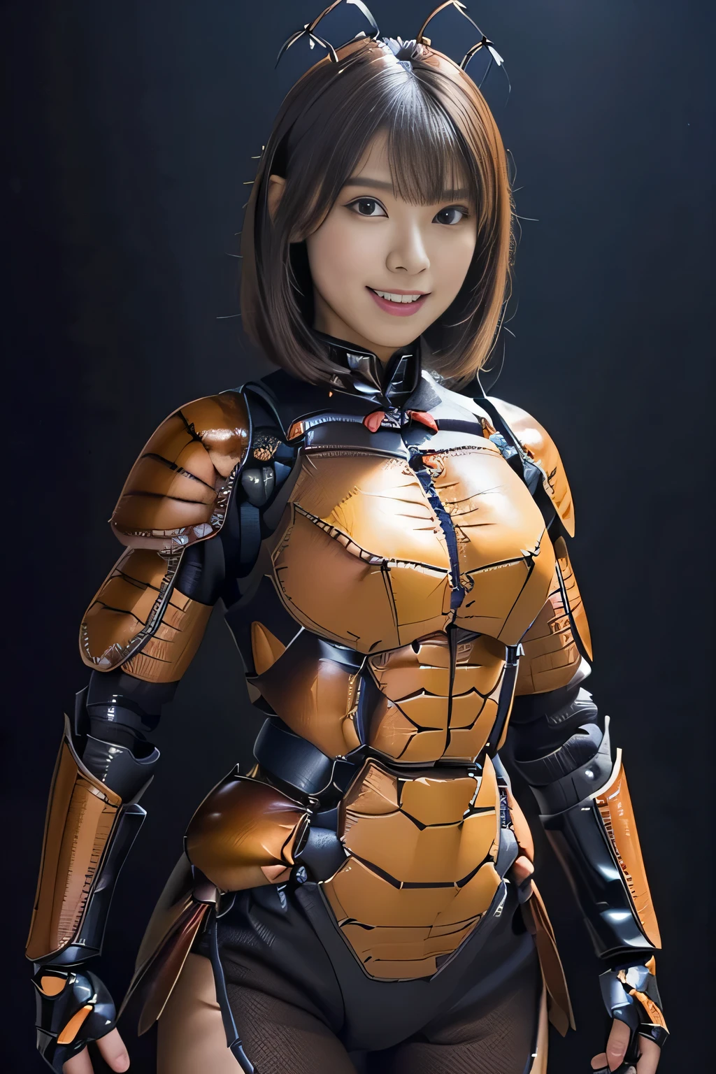 (high resolution,masterpiece,best quality,extremely detailed CG, anime, official art:1.4), realistic, photo, amazing fine details, all intricate, gloss and shiny,awesome many layers, 8k wall paper, 3d, sketch, kawaii, illustration,( solo:1.4), perfect female proportion,villainess, (fusion of dark brown cockroach and lady:1.4), (brown cockroach form lady:1.2), (brown cockroach lady:1.2), (fusion:1.2), (solo:1.4), (evil smile:1.2), muscular, abs, (cockroach brown exoskeleton bio insect suit:1.4), (cockroach brown exoskeleton bio insect armor:1.2), (brown transparency cockroach wing:1.4), (brown cockroach antennae:1.3),