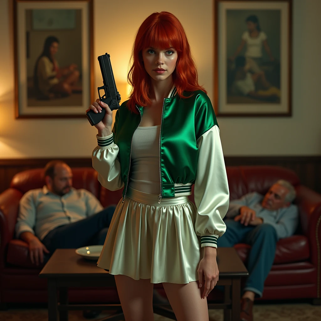 wide depth of field, wide depth of focus, f/11 lens setting, all objects in focus, woman with pistol, holding glock pistol, living room background, full body image, green and white short cropped soft shiny satin bomber jacket, zipped up jacket, pleated shiny satin mini skirt, redhead woman posing with a pistol ,,pistol in one hand, pure form, intricate details, 8K post-production, high resolution, super detailed, Popular topics on Artstation,, Studio photos, intricate details, Very detailed, several unconscious men lay on the floor in the background