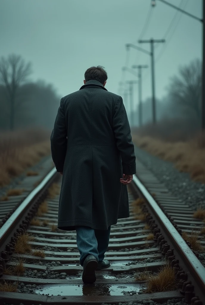 Sad man walking at railway path