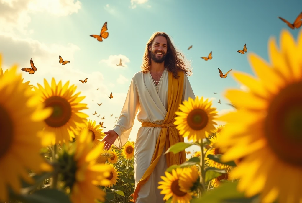 Jesus with smiling face walking in a sunflower field