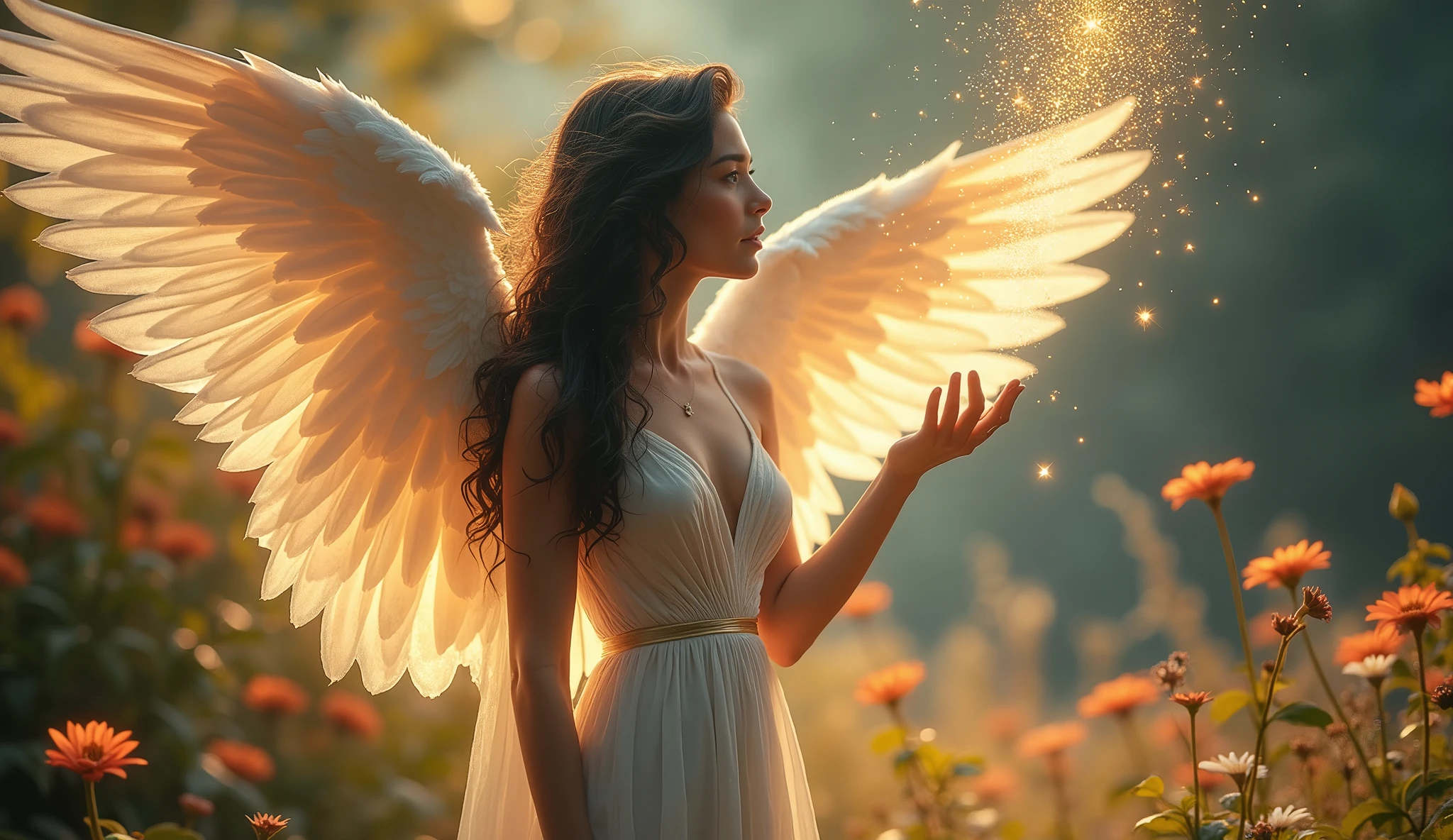 A captivating angel with dark, wavy hair and sparkling blue eyes, standing at the edge of a celestial garden filled with luminous flowers and golden light. Her wings are large and majestic, glowing with an inner light. She is dressed in a form-fitting, shimmering dress that radiates warmth and comfort. She holds out her hand, releasing a trail of glowing stardust that drifts into the air, creating a soothing, dreamlike ambiance perfect for peaceful slumber. Aim for realistic depiction, make sure photos are at highest resolution (8K)