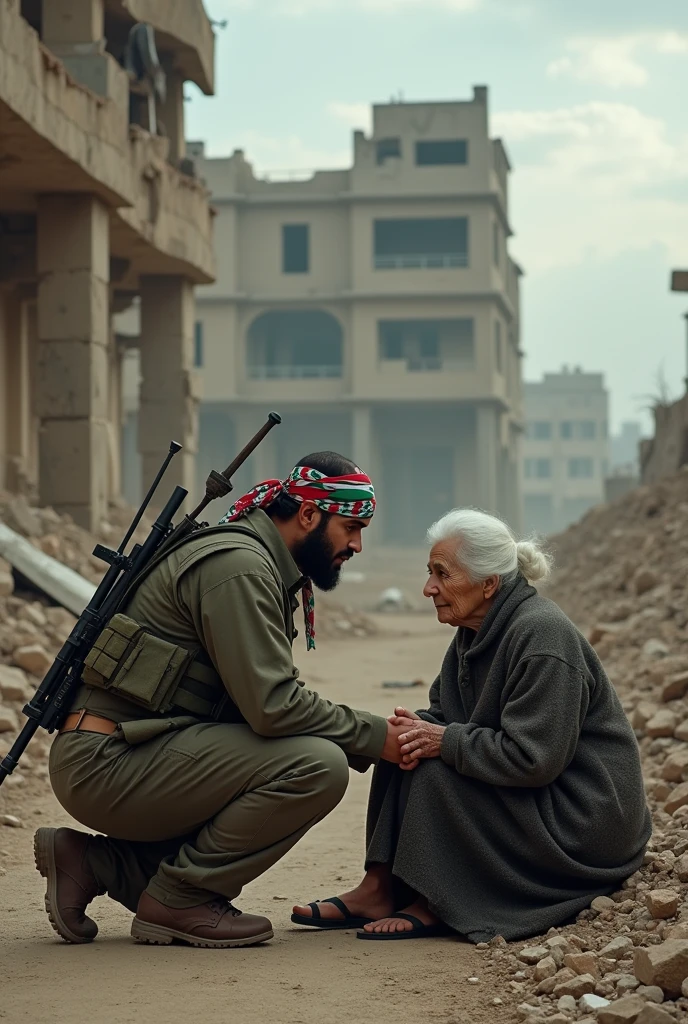 Depicts a male Islamic fighter wearing a Palestinian flag headband carrying an RPG kissing his mother's feet in front of a collapsed building.