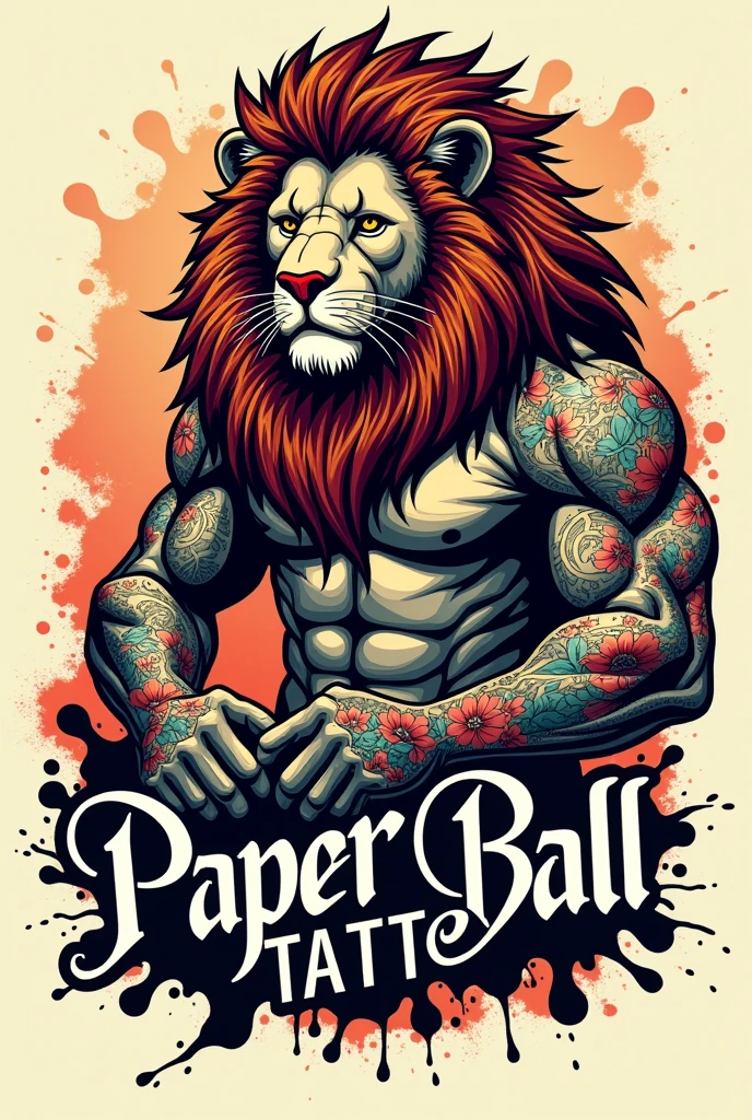 create me tattoo shop logo -shop name: paper ball tattoo with lion tattoo man full of tattoos
