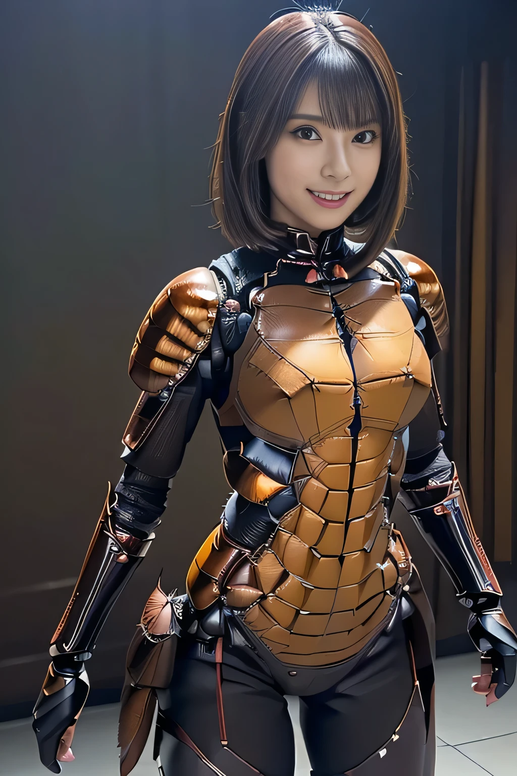 (high resolution,masterpiece,best quality,extremely detailed CG, anime, official art:1.4), realistic, photo, amazing fine details, all intricate, gloss and shiny,awesome many layers, 8k wall paper, 3d, sketch, kawaii, illustration,( solo:1.4), perfect female proportion,villainess, (fusion of dark brown cockroach and lady:1.4), (brown cockroach form lady:1.2), (brown cockroach lady:1.2), (fusion:1.2), (solo:1.4), (evil smile:1.2), muscular, abs, (cockroach brown exoskeleton bio insect suit:1.4), (cockroach brown exoskeleton bio insect armor:1.2), (brown transparency cockroach wing:1.4), (brown cockroach antennae:1.3),