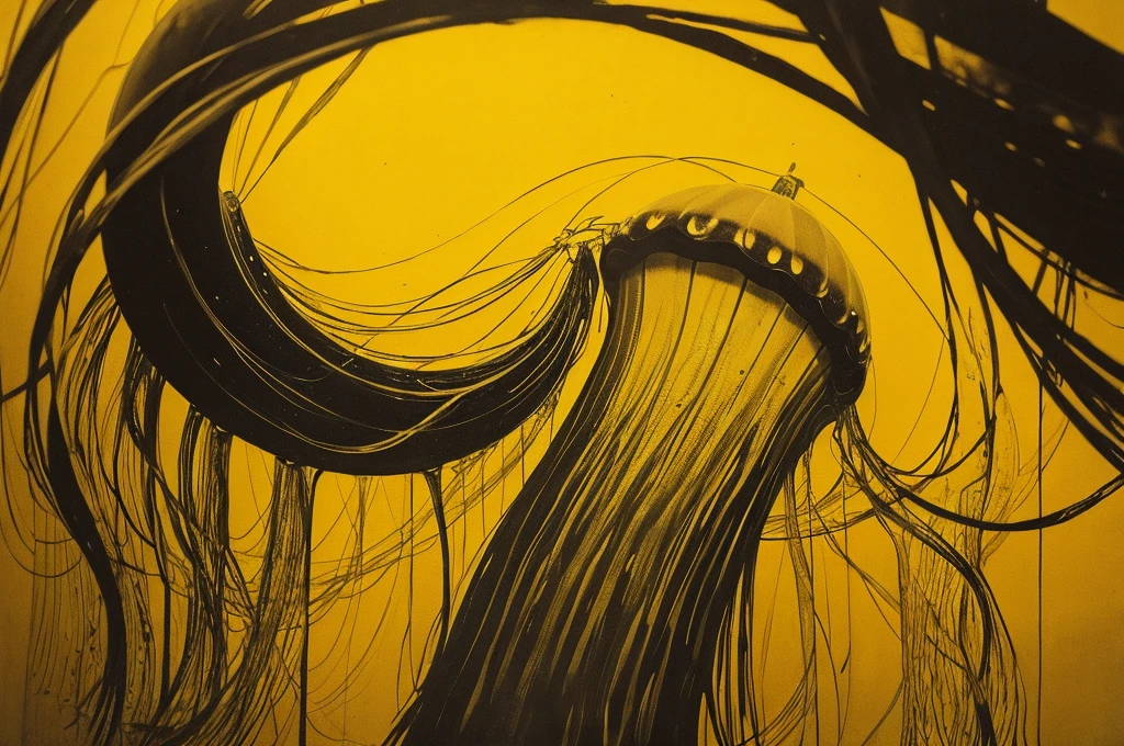 very large,one jellyfish,monochrome,old painting,yellow background