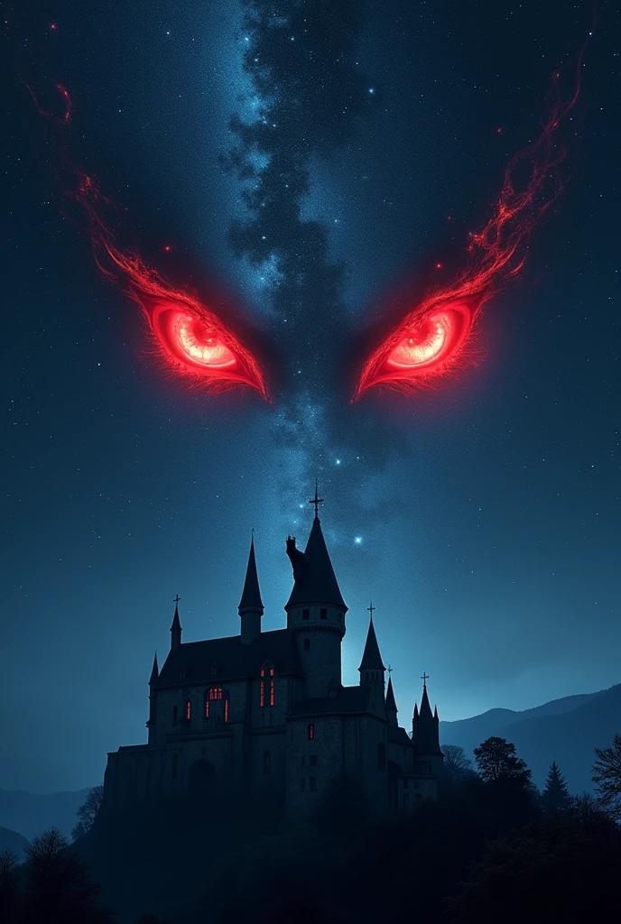 a picture of a ((of 2 glowing red eyes: 1.3)) formed in the night sky full of  stars, BREAK a ((2 of vampire fangs: 1.3))  formed in the night sky ((full many of stars, shining stars: 1.5)), dark goth fantasy castle background,Ultra-high resolution, High Contrast, (masterpiece:1.5), highest quality, Best aesthetics), 16K fantasy art, best details, best quality, highres, (ultra wide angle: 1.2), 16k, [ultra detailed], masterpiece, best quality, (extremely detailed)