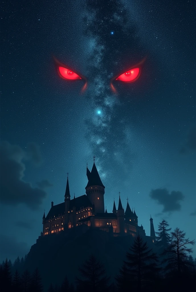 a picture of a ((of 2 glowing red eyes: 1.3)) formed in the night sky full of  stars, BREAK a ((2 of vampire fangs: 1.3))  formed in the night sky ((full many of stars, shining stars: 1.5)), dark goth fantasy castle background,Ultra-high resolution, High Contrast, (masterpiece:1.5), highest quality, Best aesthetics), 16K fantasy art, best details, best quality, highres, (ultra wide angle: 1.2), 16k, [ultra detailed], masterpiece, best quality, (extremely detailed)