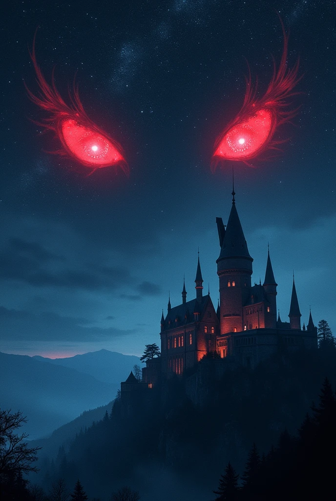 a picture of a ((of 2 glowing red eyes: 1.3)) formed in the night sky full of  stars, BREAK a ((2 of vampire fangs: 1.3))  formed in the night sky ((full many of stars, shining stars: 1.5)), dark goth fantasy castle background,Ultra-high resolution, High Contrast, (masterpiece:1.5), highest quality, Best aesthetics), 16K fantasy art, best details, best quality, highres, (ultra wide angle: 1.2), 16k, [ultra detailed], masterpiece, best quality, (extremely detailed)