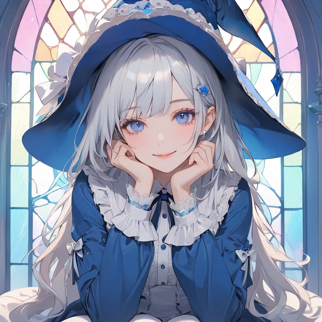 (pastel color theme art),(top-quality),(masterpiece),(1 girl),(solo),Delicately drawn face,girl with a pretty face,beautiful detailed blue eyes,beautiful detailed blue witch hat with white ribbon ornament,beautiful detailed blue ****ta witch fashions with ruffles,((white and blue costume)),(Beautiful silky white hair:1.3),pale skin,a beautiful artistic illustration,blue theme,beautiful smile,frontal face,Medium shot,flat color,soft gradient,((sitting in front of pastel blue stained glass wall)),(((stained glass is only blue)))