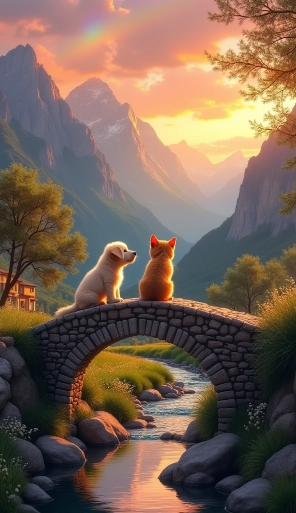 Masterpiece,Best composition,Photorealistic,Italian house,puppy and kitten sitting on stone bridge over creek watching sunset,back,cute tail,sunset over mountains,rainbow hanging.