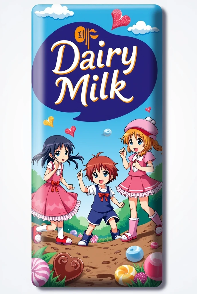 Make popular anime edition of dairy milk choklet with wrapping and change the logo letter in papyrus fonts 
