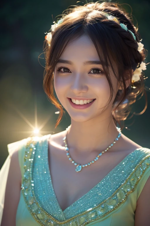 Reality, Gentle colors, Unreal Engine, Soft Light, Romanticism, realism, Sparkle Effect, Lens flare, Concentrated line, silhouette, Cinematic light effects, Godley, fluorescence, fluorescence, accessories, Jewels on the forehead, Beaded Necklaces, Close-up, 360° View, Aerial perspective, Sony FE GM, Open your mouth, teeth, smiling, Bright Eyes, laughing, Tsundere, Determined, smile, Kubrick's Gaze, Sparkling eyes, chest, Earrings, クリスタルEarrings, Very long hair, Shiny Hair, Hair blowing in the wind, Short Ponytail, Split Ponytail, High resolution, masterpiece, Anatomically correct, Winner of numerous awards, 最high quality, High detail, high quality, Very detailed, Textured skin, solo, Gaze, blue eyes, Simple Background, Widescreen,