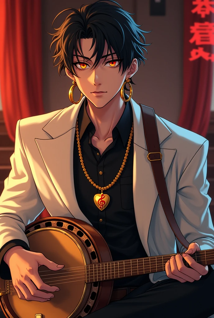 The Legend of Anime Kimetsu no yaiba, a tall and strong man, He is 27 years old and has orange eyes with red details around the eyes., has large gold earrings and a gold chain with the symbol of a musical note, wears a white jacket with a black shirt underneath, is sitting holding his big banjo