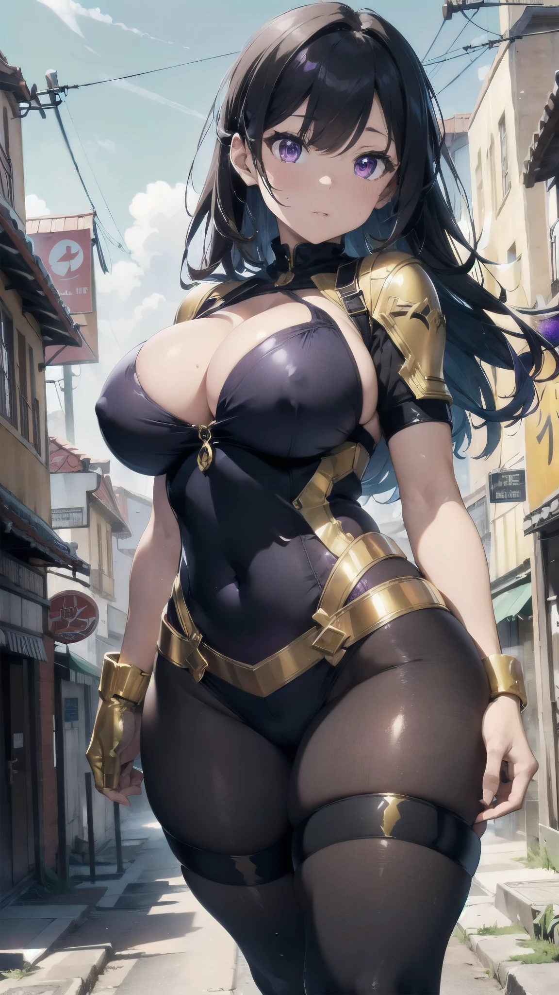 thicc, gigantic breasts, golden lion, purple eyes, sexy combat suit, gold details, deep cleavage, sexy pose, ancient town, dust clouds, windy day, bright colors, ultra detailed, wallpaper, 4k,