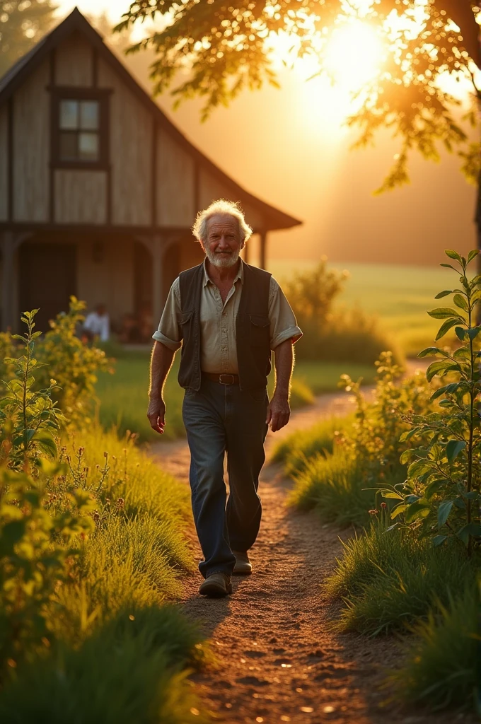 Image of a Moral Message:A final scene showing the farmer returning to his simple home, content and happy, with a caption or visual element emphasizing the moral: 