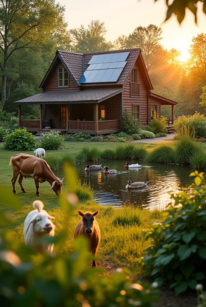 A homestead with a sustainable house and some animals like goat, cow and ducks in pond please add vegetable garden 