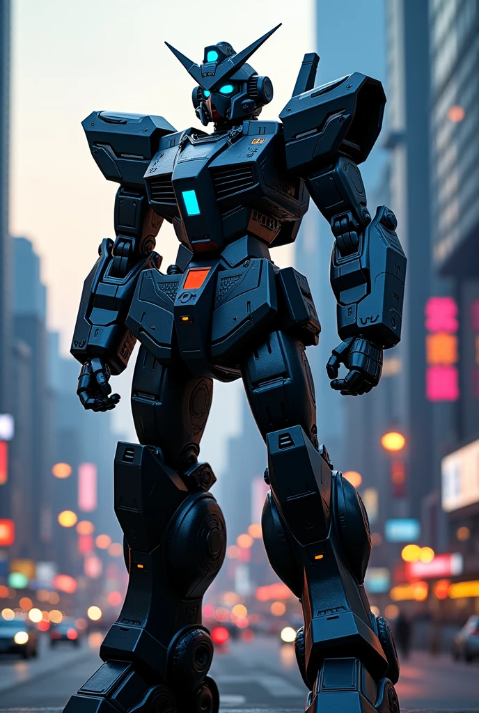 A full-body image of a black robot like Gundam