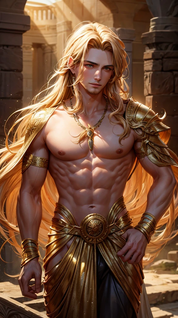 masterpiece, best quality, high resolution, closeup portrait, a male, greek god, fantasy, golden hair, long hair, beautiful figure painting, bright light, amazing composition, front view, HDR, volumetric lighting, ultra quality, elegant, highly detailed, middle age man