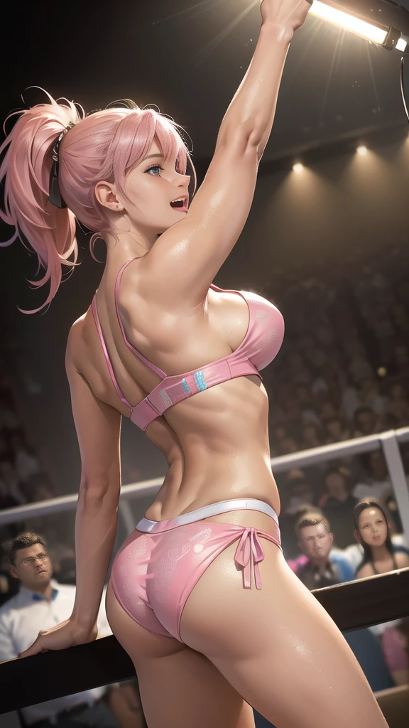 best qualtiy，Masterpiece, Ultra high resolution, background details, Realistic, ((best quality, 10, Special details, Masterpiece: 1.3)) , (side camera angle: 1.5), One young woman,Black sexy outfit, pink hair, 25 years old, (Inside the narrow bar counter), ((Many excited spectators were around.:1.4)), (), (The light is dim.:1.3), boxing ring), (point to the camera: 1.1)