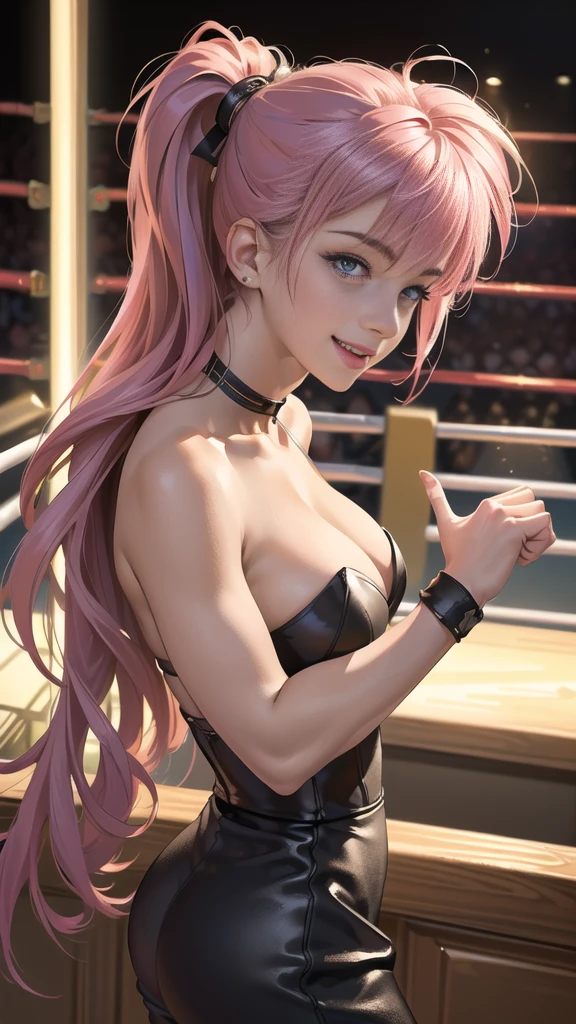 best qualtiy,Masterpiece, Ultra high resolution, background details, Realistic, ((best quality, 10, Special details, Masterpiece: 1.3)) , (side camera angle: 1.5), One young woman,Black sexy outfit, pink hair, 25 years old, (Inside the narrow bar counter), ((Many excited spectators were around.:1.4)), (), (The light is dim.:1.3), boxing ring), (point to the camera: 1.1)