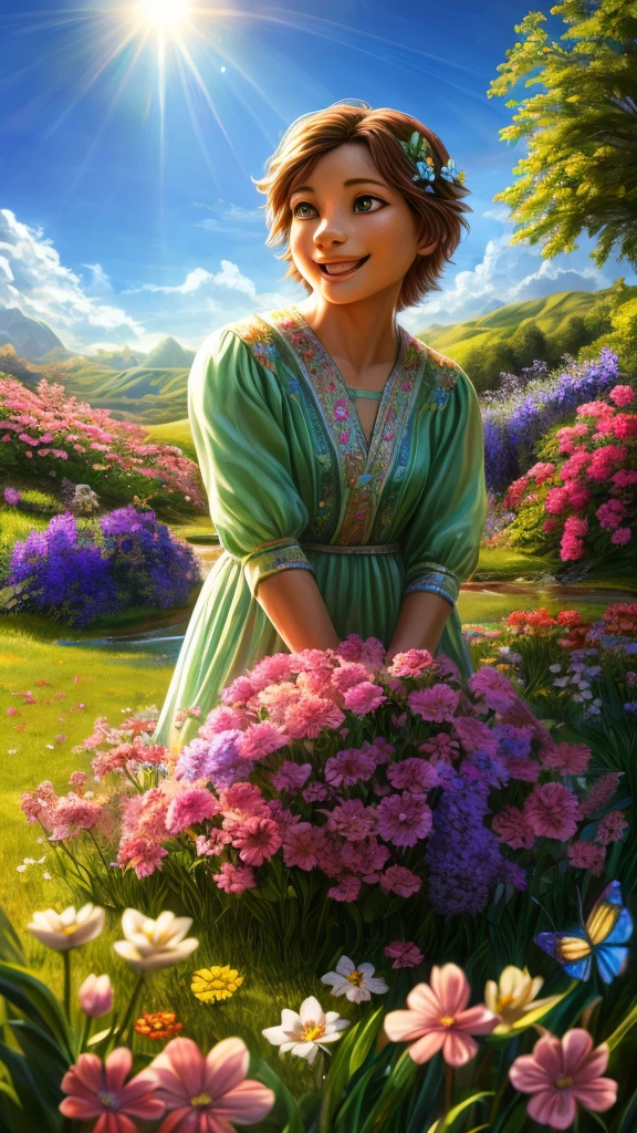 a cute boys and girls playing in a beautiful garden in beautiful spring season, a blue river, detailed and realistic, 1girl, 1boy, beautiful detailed eyes, beautiful detailed lips, extremely detailed face, long eyelashes, beautiful floral dress, happy smiling expression, playing with flowers, colorful butterfly, lush green grass, blooming flowers, sunlit garden, warm sunlight, soft focus, cinematic lighting, vibrant colors, (best quality,4k,8k,highres,masterpiece:1.2),ultra-detailed,(realistic,photorealistic,photo-realistic:1.37),landscape, digital painting