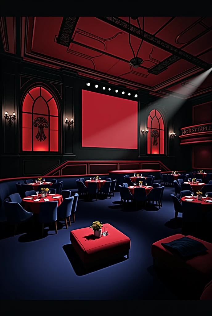 there is a room with tables and chairs and a projector screen, detailed an empty jazz cafe, ballroom background, random background scene, neo - noir setting, red room, nightclub, stage background, vip room, rich atmosphere, theatrical scenery, theater stage, empty stage, palatial scene, fancy restaurant, rich cinematic atmosphere, va-11 hall-a
