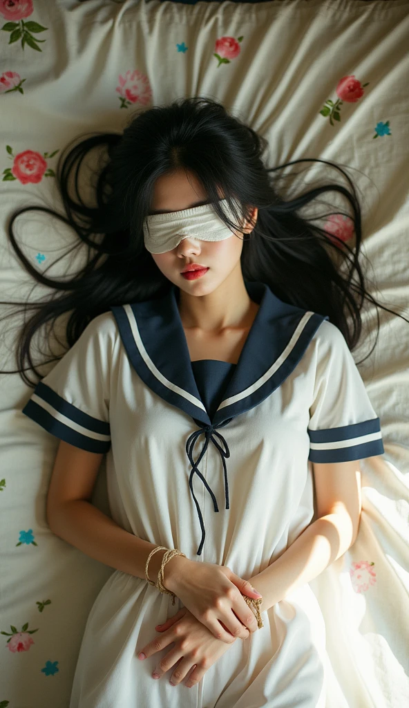 Japanese women　Black Hair　Long Hair　bed　In a sailor school uniform　Blindfolded and hands tied with rope　Bird View　(Full Body:1.2)