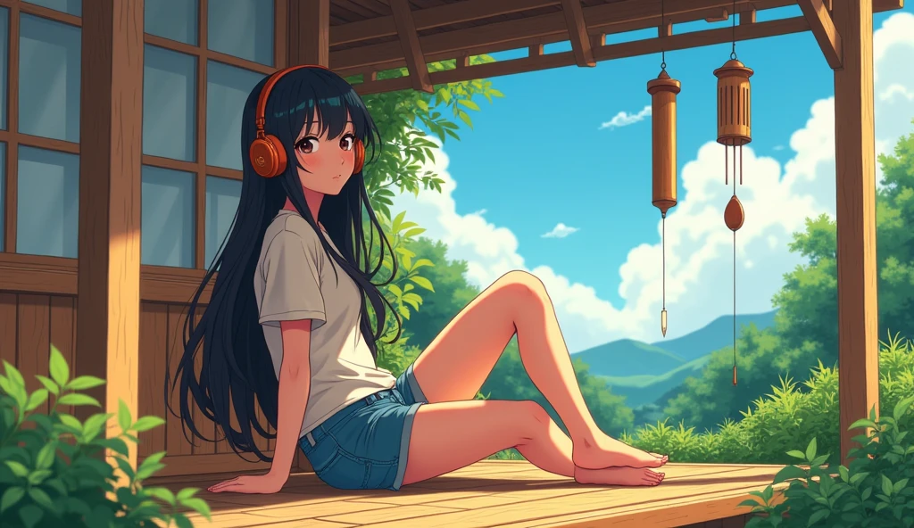 Perfect image, 8k, noon、A high school girl listening to music on a cozy veranda,holiday、 Using headphones, 2D-style animation, Lo-Fi, hard disk, Big Breasts、one&#39;s home、wind chimes、summer、Retro、Japanese style、Wooden house、Single-story house