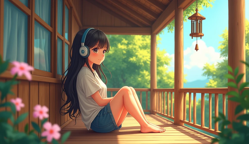 Perfect image, 8k, noon、A high school girl listening to music on a cozy veranda,holiday、 Using headphones, 2D-style animation, Lo-Fi, hard disk, Big Breasts、one's home、wind chimes、summer、Retro、Japanese style、Wooden house、Single-story house