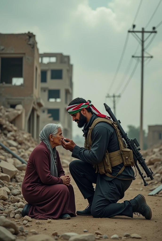 Depicts a male Islamic fighter wearing a Palestinian flag headband carrying an RPG kissing his mother's feet in front of a collapsed building.