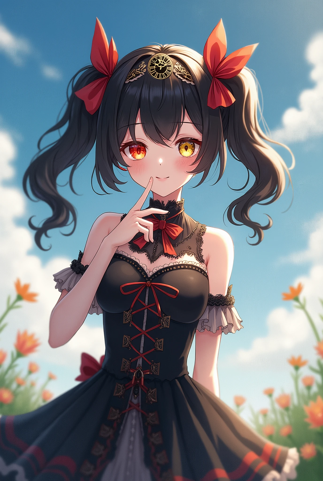 1girl, arm behind back, asymmetrical hair, bare shoulders, black hair, breasts, choker, clock eyes, dress, finger to mouth, frills, gothic lolita, hairband, heterochromia, index finger raised, lolita fashion, lolita hairband, long hair, looking at viewer, medium breasts, outdoors, red eyes, red ribbon, ribbon, sky, sleeveless, sleeveless dress, smile, solo, symbol-shaped pupils, tokisaki kurumi, twintails, uneven twintails, yellow eyes
