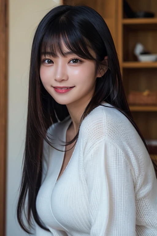 One person, High resolution, Long Hair, smile, Black Hair, Bangs between the eyes, Korean Style,Double large breasts,