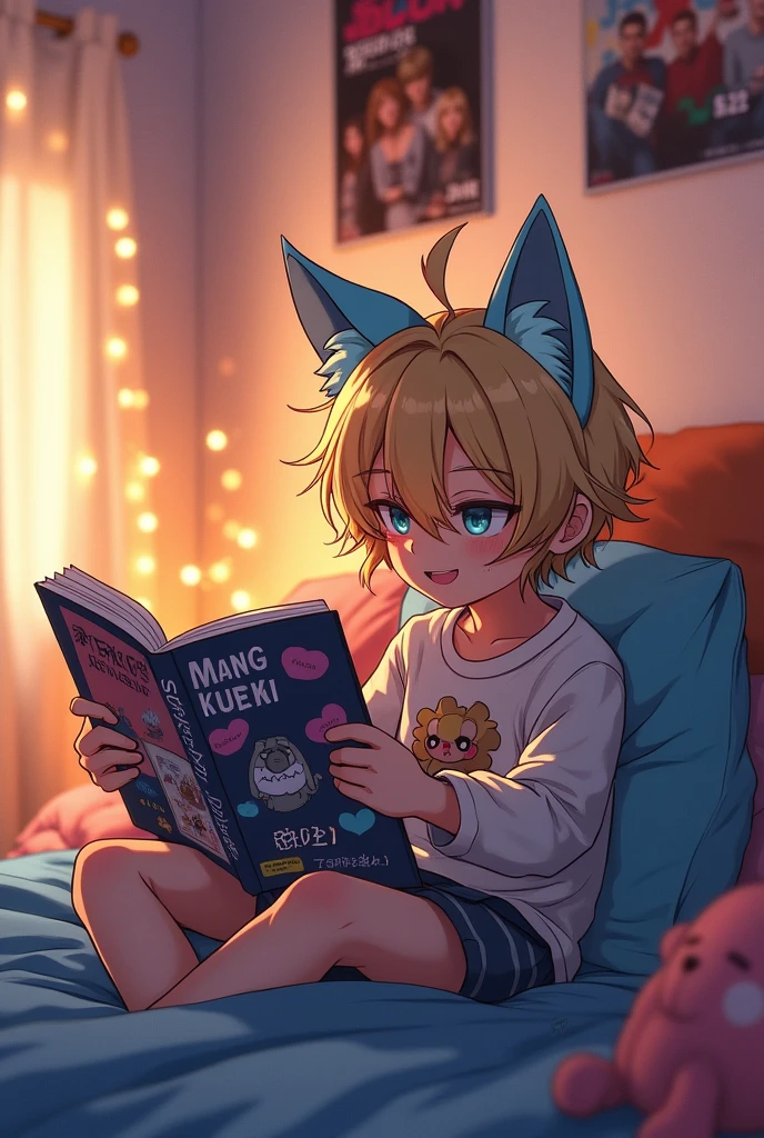Felix from stray kids with blue cat ears, sitting on the bed reading a yaoi manga