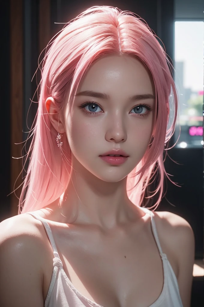 A girl pink hair, potrait, beutifull, detailed face, unreal engine, model, side lighting, 