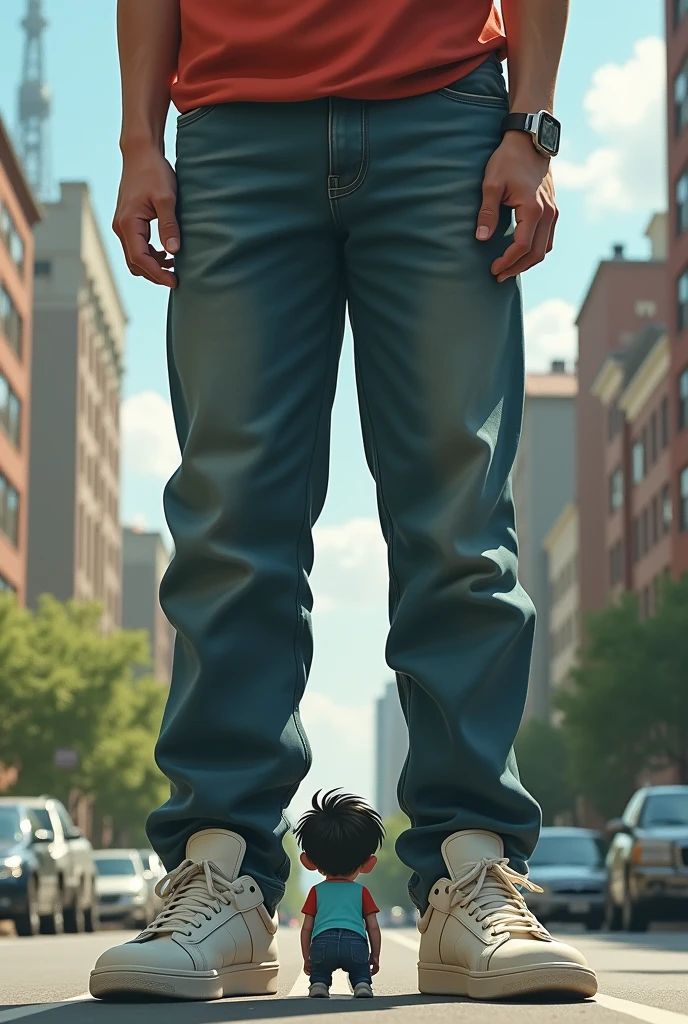 Tiny ant-sized dark haired ten midget by worship to tall, dark haired giant young guy. Realistic. Modern time. Tiny ant-sized midget bow down at giant's feet. Domination. Giant with white sneakers. Macrophilia. Giant, tall guy stomped on insect.
