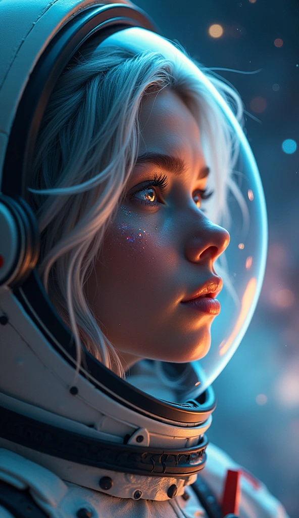 (Close-up of a better masterpiece:1.5)0.9], (Space and astronauts:1.2) (Messy silver hair:1.1) (Heterochromia xanthochromia and blue eyes:1.2) (Space Helmet:1.0) (Colored stars in the eyes:1.0) (A radiant glow:1.1) (thick lips:0.9)