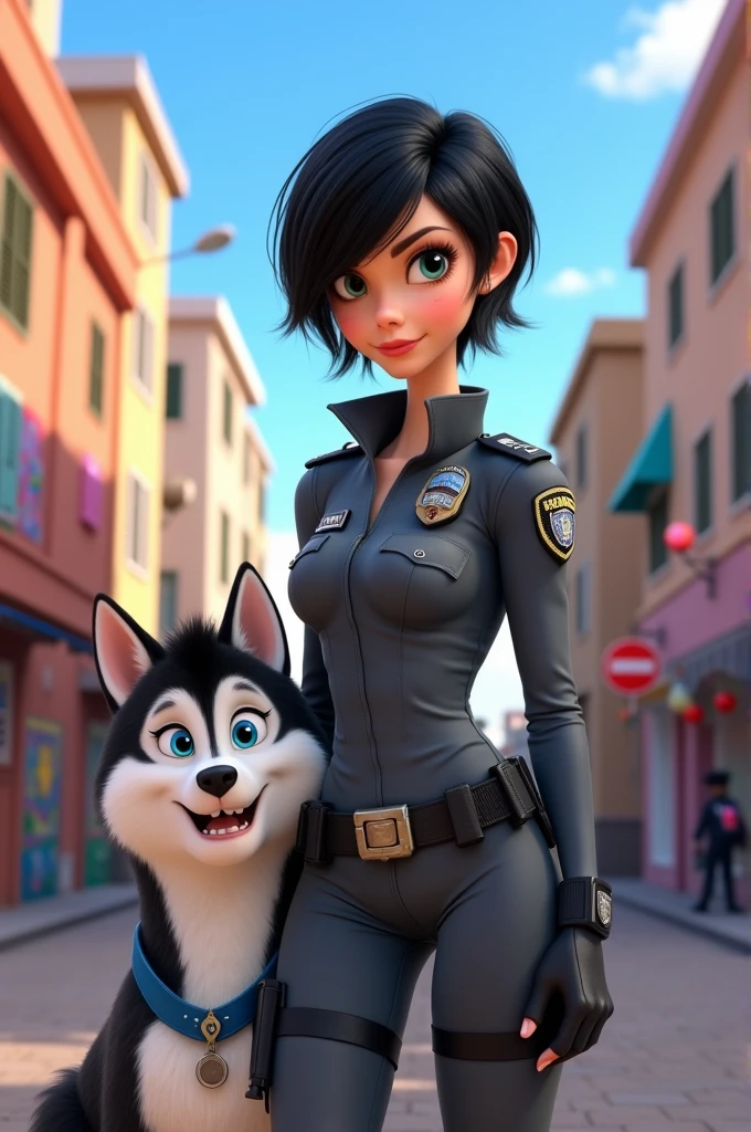 create a disney pixar character female police officer with short black hair. gray urban camouflage clothing. ela tem um cão husky siberiano.