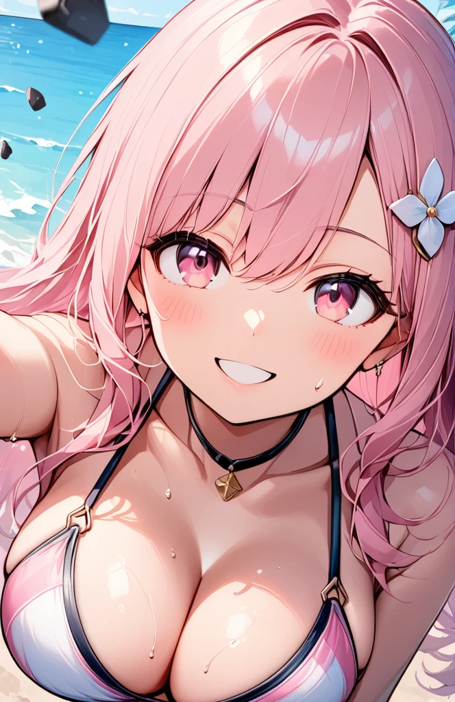 (flying debris), (Highest quality), Very detailed, ((1 person)), Focus Only，dynamic，((smile))，Perfect Face, Beautiful Face, Very detailedな顔，(Pink long hair_Pink Eyes:1.3)，Swimwear，Idle only，Gorgeous hair ornament,smile，Large Breasts，Sandy Beach，Underarm、Sweat、look up，smile,alone, 1 personの, blush, please raise your right arm、Open your chest wide