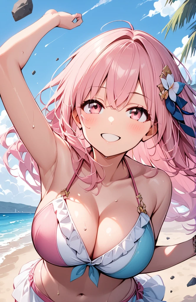 (flying debris), (Highest quality), Very detailed, ((1 person)), Focus Only，dynamic，((smile))，Perfect Face, Beautiful Face, Very detailedな顔，(Pink long hair_Pink Eyes:1.3)，Swimwear，Idle only，Gorgeous hair ornament,smile，Large Breasts，Sandy Beach，Underarm、Sweat、look up，smile,alone, 1 personの, blush, please raise your right arm、Open your chest wide