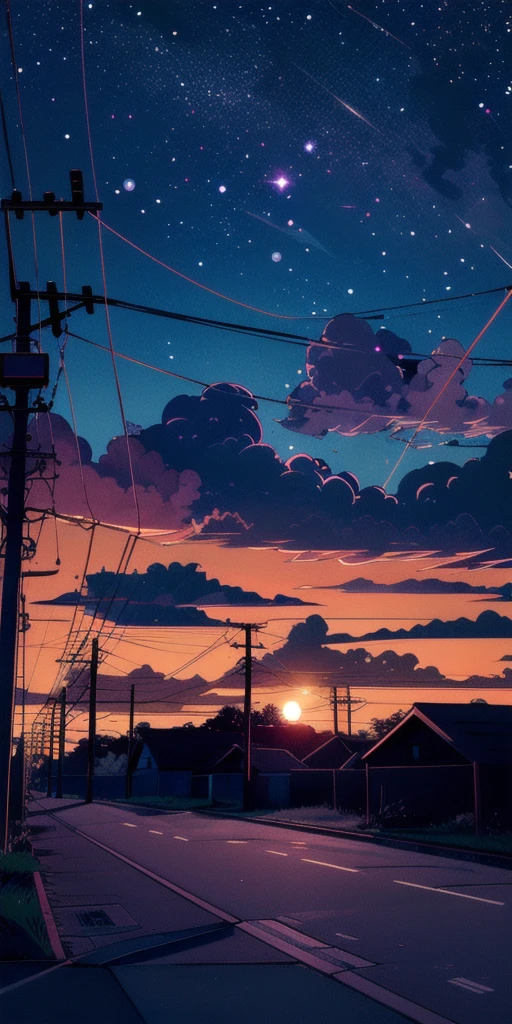 Retro_neon, cloud, null, No humans, scenery, Outdoor, Power lines, sunset, star (null)