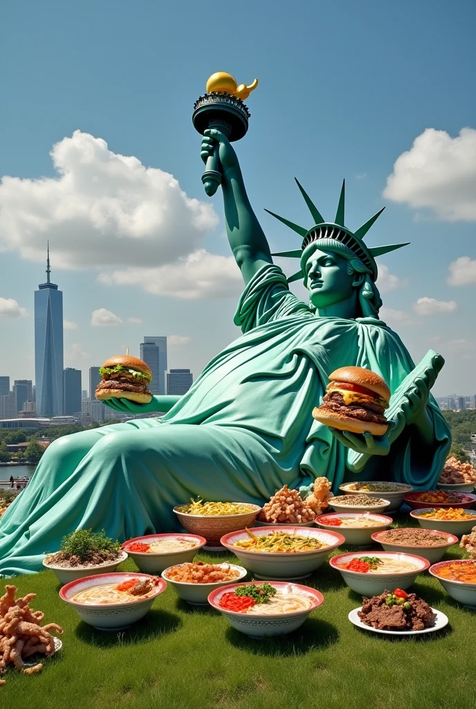 Fat Statue of Liberty Lying down Nipples protruding Eat 100 bowls of ramen Holding a burger in each hand