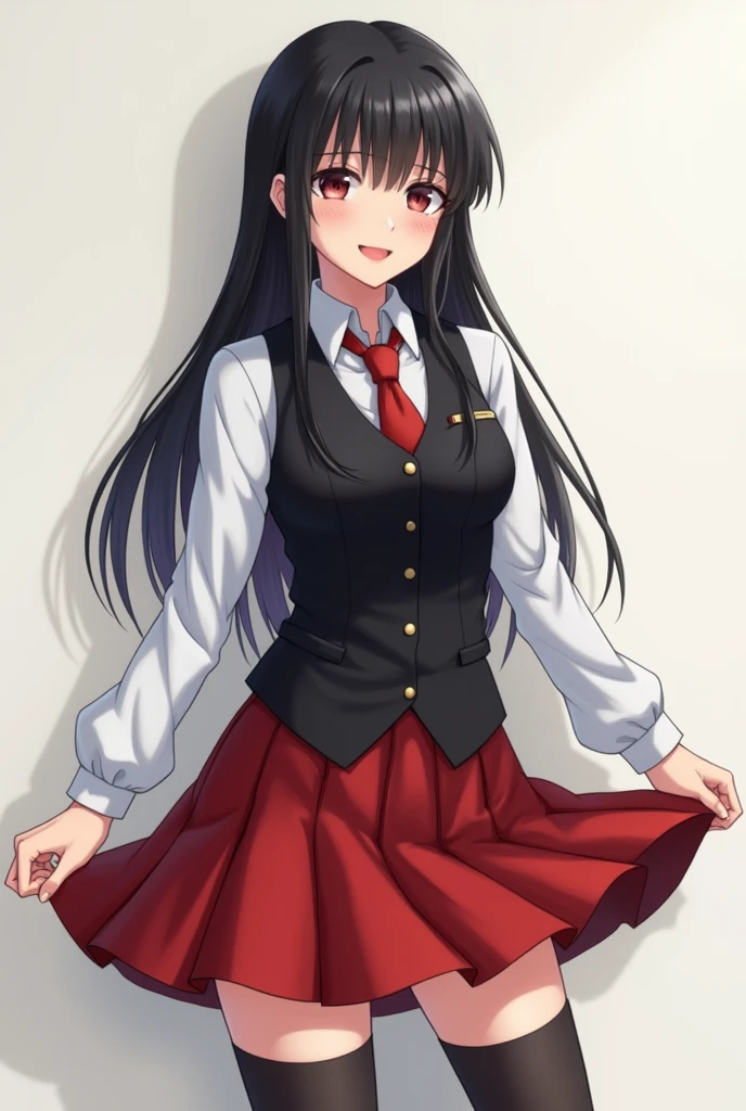 photorealistic, detailed, 1 pretty girl, rika shiraki, platinum black hair, bible black uniform, red tie, white longsleeve blouse, black vest, red skirt, thighhighs, smile, from knee to head,