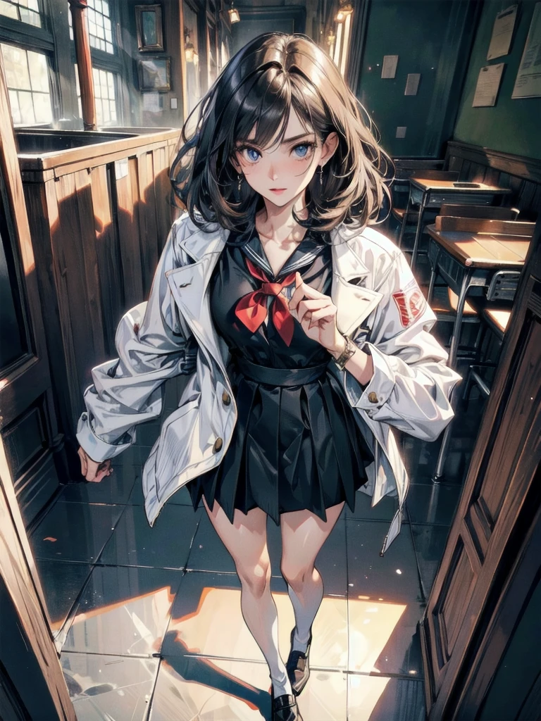 (full body shot), (full legs), absurdres, RAW photo, extremely delicate and beautiful, masterpiece, Best Quality, ultra high resolution, 32k, hyperrealistic, realistic, photorealistic, photo-realistic, ultra-detailed, Very detailed CG 8k wallpaper, detailed background, landscape, Beautiful Lighting, Perfect Lightning, Realistic Shadows, perfect anatomy, anatomically correct, ideal ratio body proportions, perfect figure, Perfect Style, Perfect balance, super Detailed skin, in her 30s, very Slim body, narrow waist, very small head, very small face, delicate facial features, handsome detailed woman, very detailed eyes and face, realistic face proportions, Realistic beautiful face, Realistic beautiful eyes, tearful mole, earring, (very huge round tits), medium hair, asymmetrical hair, wavy hair, (school uniform), dress shirt,