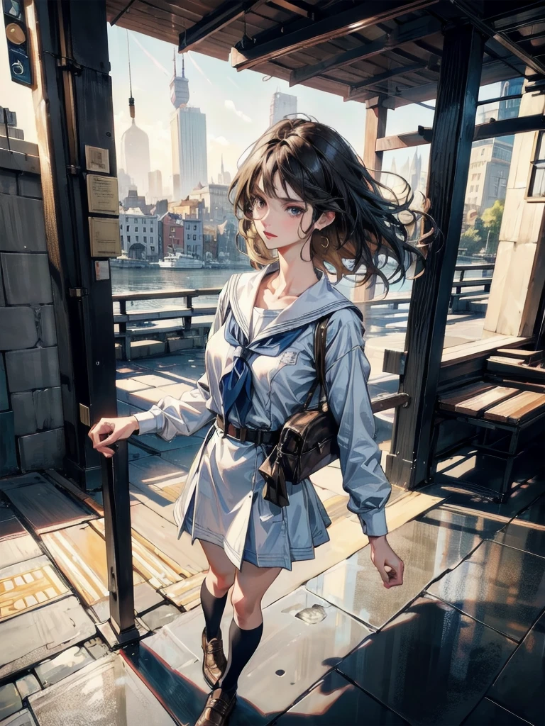 (full body shot), (full legs), absurdres, RAW photo, extremely delicate and beautiful, masterpiece, Best Quality, ultra high resolution, 32k, hyperrealistic, realistic, photorealistic, photo-realistic, ultra-detailed, Very detailed CG 8k wallpaper, detailed background, landscape, Beautiful Lighting, Perfect Lightning, Realistic Shadows, perfect anatomy, anatomically correct, ideal ratio body proportions, perfect figure, Perfect Style, Perfect balance, super Detailed skin, in her 30s, very Slim body, narrow waist, very small head, very small face, delicate facial features, handsome detailed woman, very detailed eyes and face, realistic face proportions, Realistic beautiful face, Realistic beautiful eyes, tearful mole, earring, (very huge round tits), medium hair, asymmetrical hair, wavy hair, (school uniform), dress shirt,