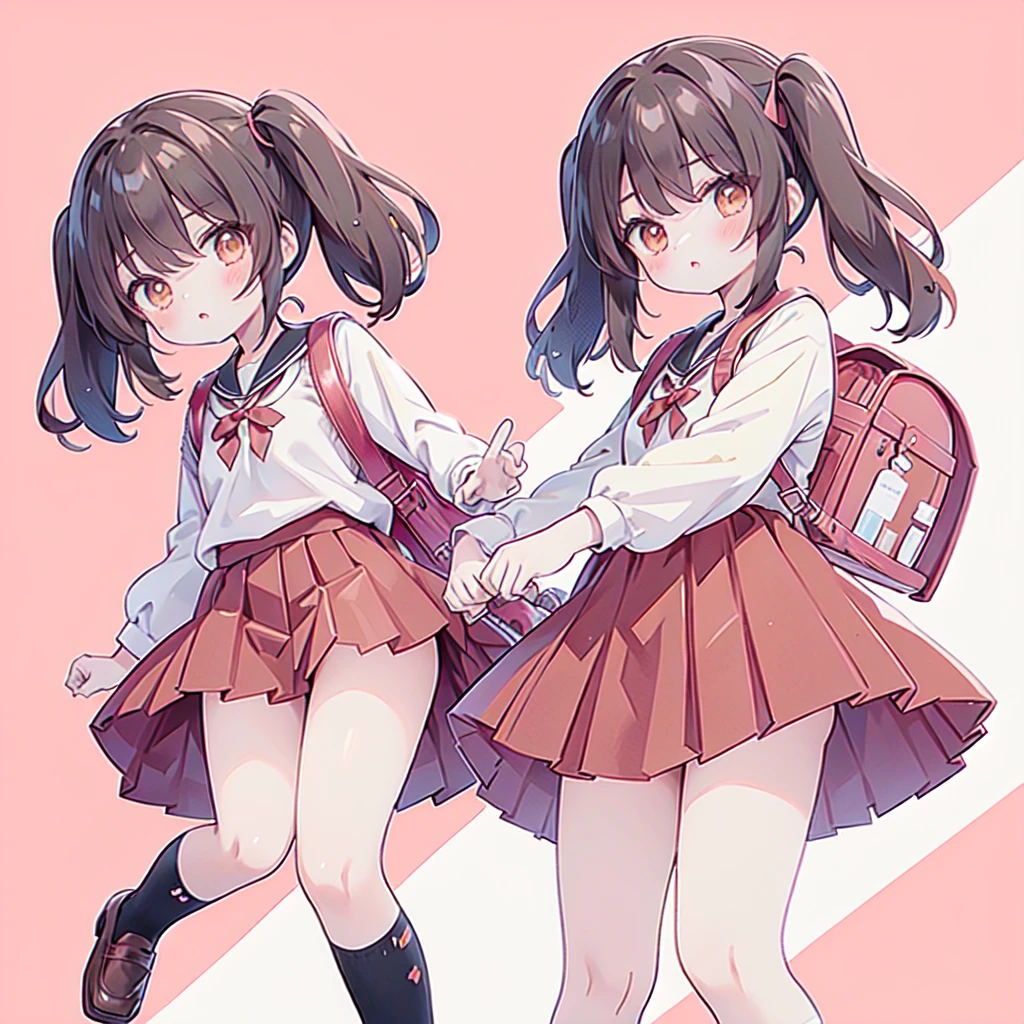 1girl,The best composition、Highest quality、Masterpiece、Twin tails、強風にあおられた小学生のが前に進めずTwin tailsがオールバックになっている、Red dress、Shiori high socks、Brown Loafers、Red School Bag、Primary yellow background、
