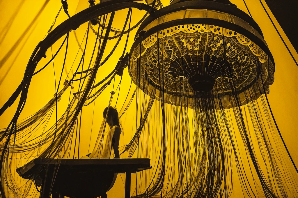 very large,one jellyfish,monochrome,old painting,yellow background