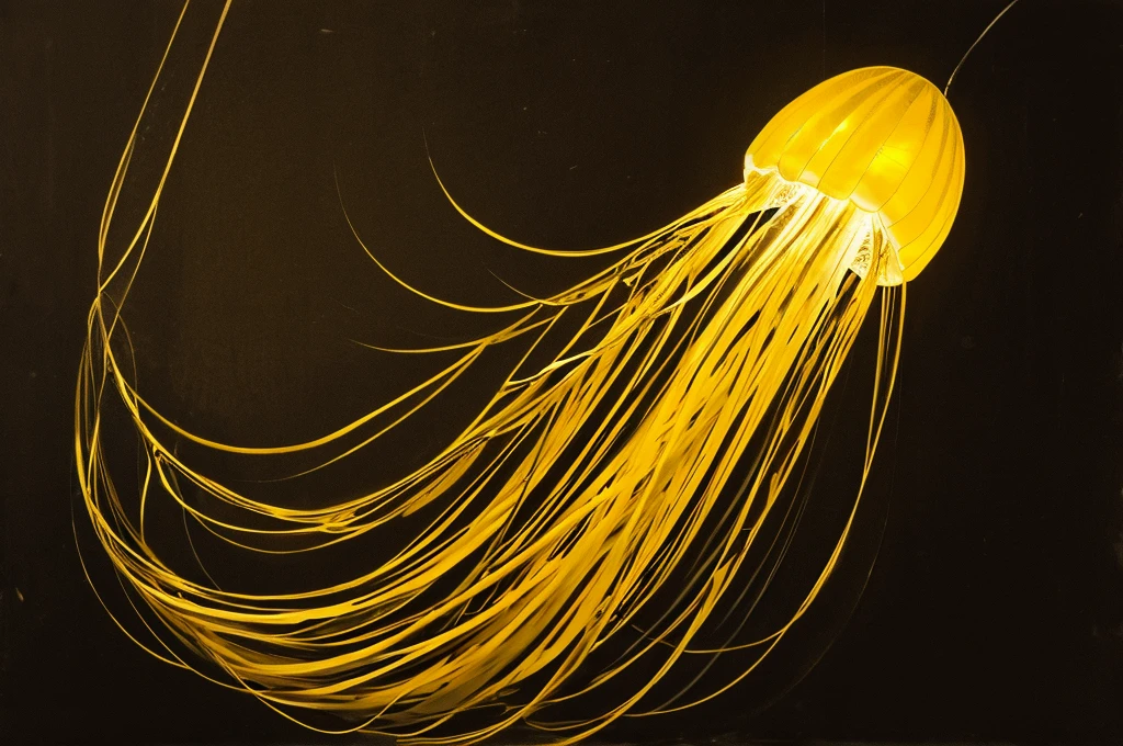 very large,one jellyfish,monochrome,old painting,yellow background